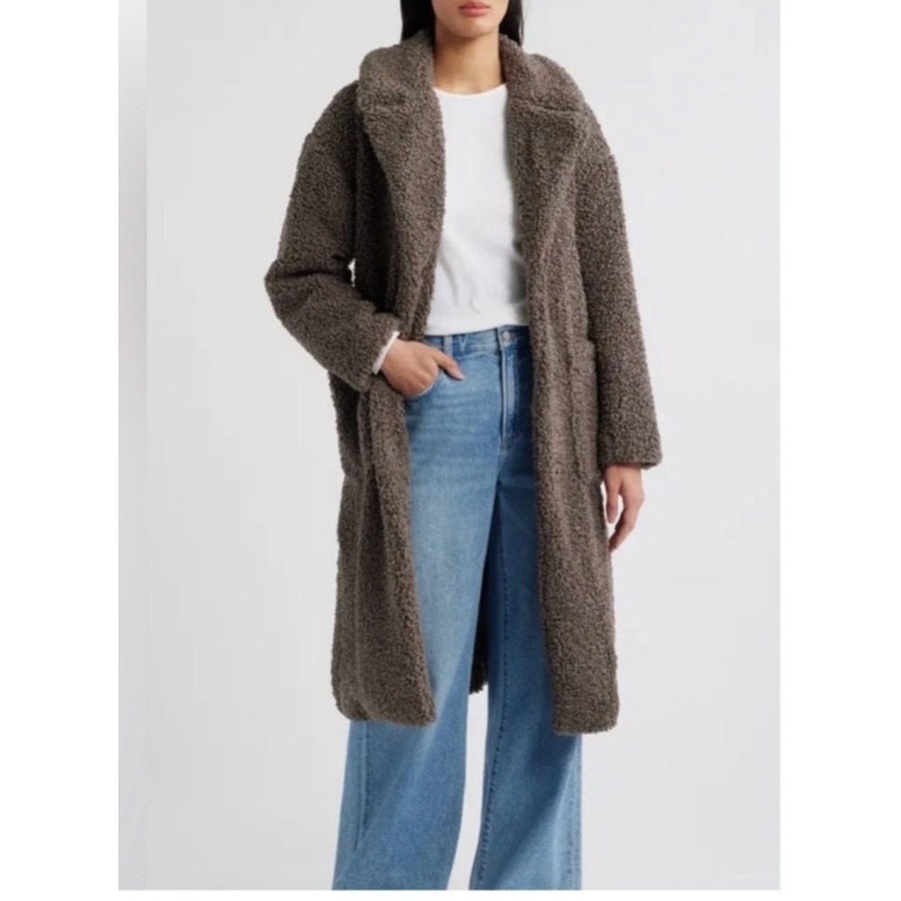 BCBG MaxAzria Faux Fur Shearling Teddy Long Coat Sz XXS Heavy Winter Brown Gray
